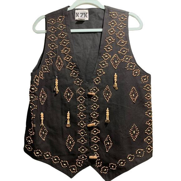 Vintage KZK BLACK Vest wood beads hippy chic boho natural colors SIZE MEDIUM - Picture 1 of 13